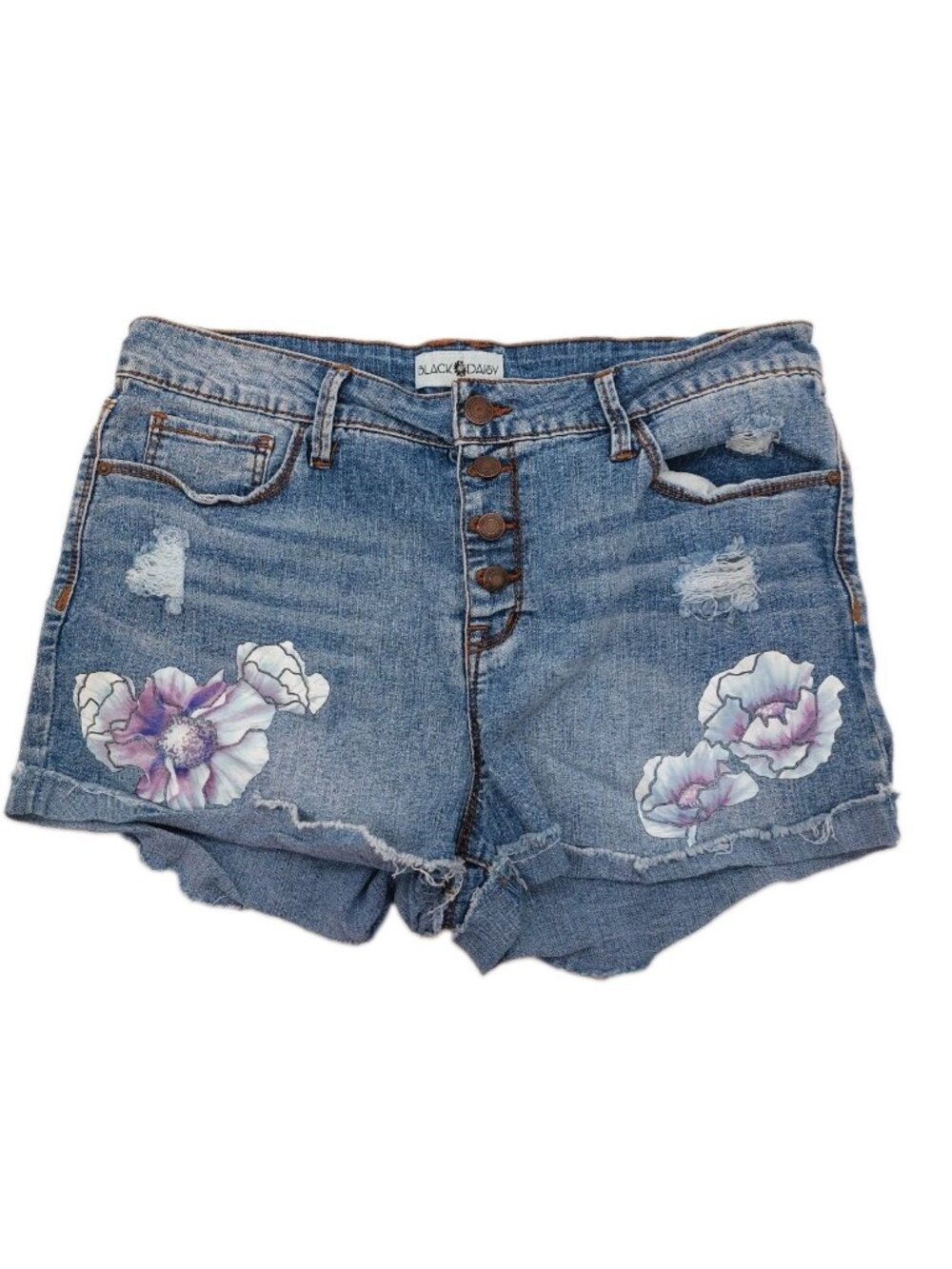 Black Daisy Women's Shorts Hi Waist Denim Floral Print Size 11 / 30 Button Fly